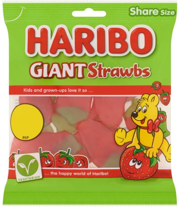 HARIBO Giant Strawbs Strawberry Flavour Chewy Jelly Sweets Sharing Bag 140g
