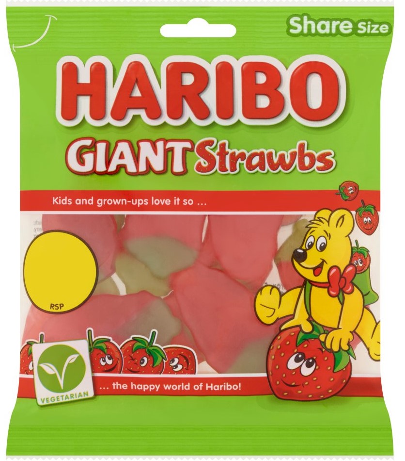 HARIBO Giant Strawbs Strawberry Flavour Chewy Jelly Sweets Sharing Bag 140g
