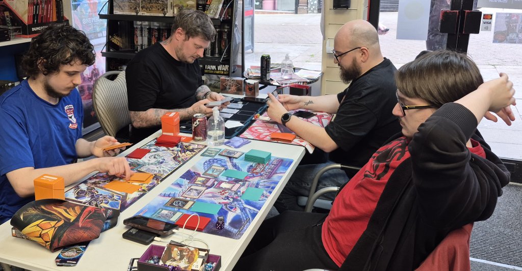 Aiden v Marcus and Kyle v Lewis duelling in the Yu-Gi-Oh tournament on 12/06/2025 at Guild of Games