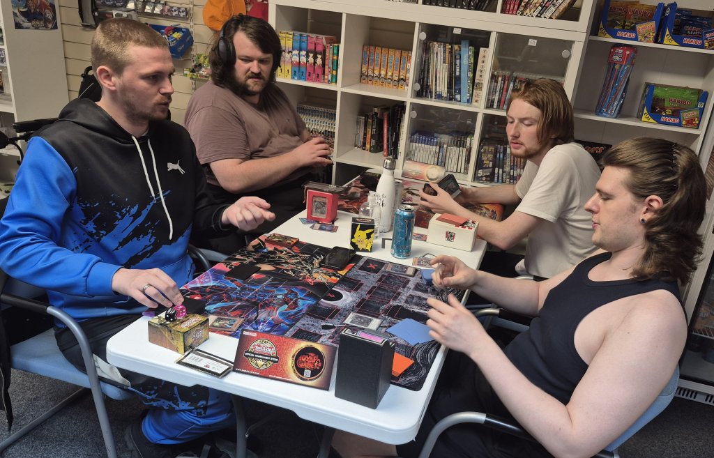 Kark, Corey, George and Kirk batteling in the Yu-Gi-Oh OTS Tournament on 18/06/2026