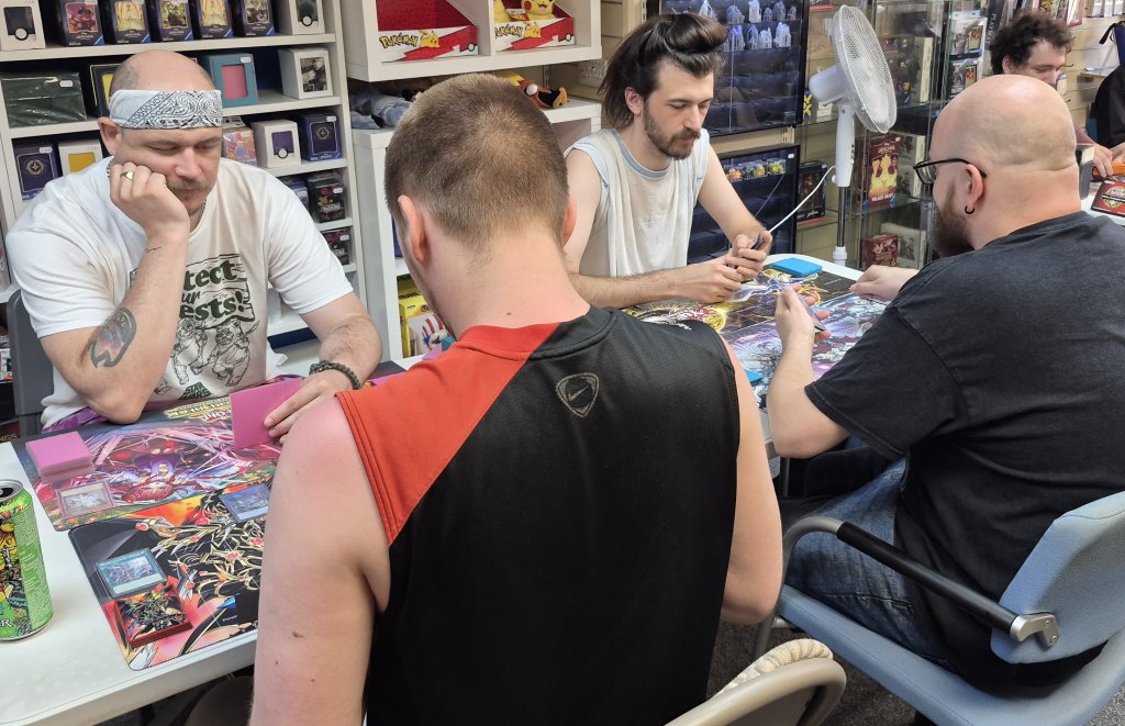 Kark, Ben, Elliott and Ellis batteling in the Yu-Gi-Oh OTS Tournament on 25/06/2026